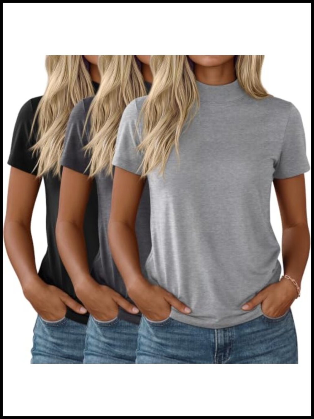 3 Pack Women's Short Sleeve Mock Neck T-Shirts Soft Stretchy Slim Fit Tees